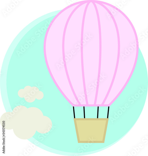 Mongolfiera che vola tra le nuvole. Disegno per baby shower.
