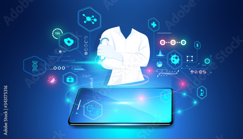 The hologram doctor shows from the phone Medical data analysis In visual form Modern future,Medicine that uses artificial intelligence ,Diagnosis by phone With the advice of a medical professional .