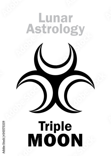 Astrology Alphabet: Triple MOON. Mystical symbol of Three-faced Goddess of The Moon. Emblem of Lunar Magic, Sorcery and Wizardry. Astrological character, hieroglyphic sign, mystical symbol.