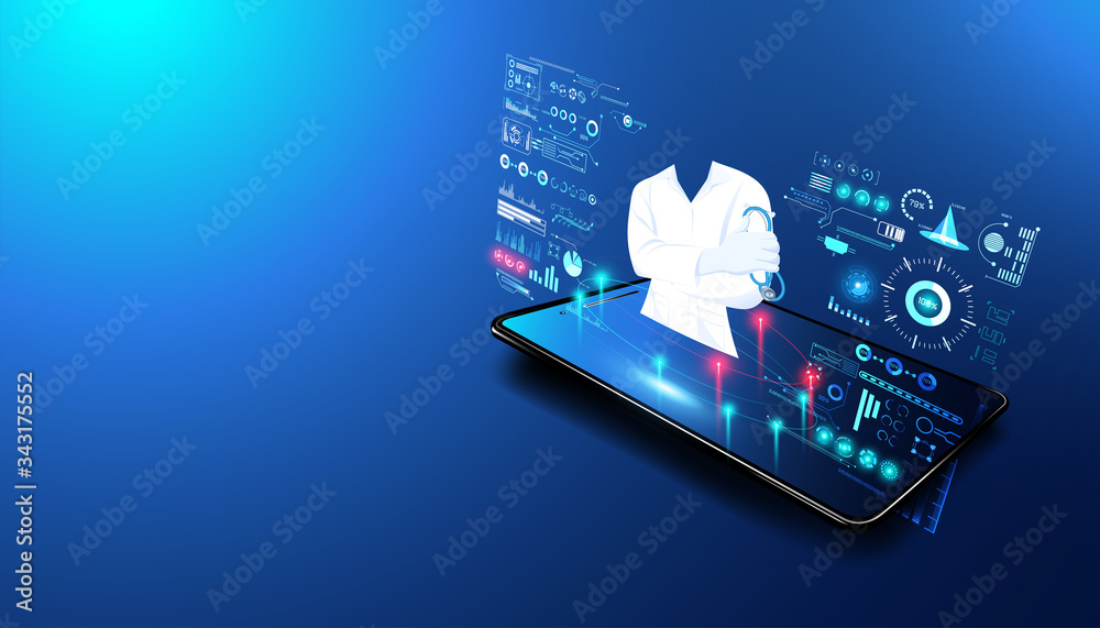 The hologram doctor shows from the phone Medical data analysis In visual form Modern future,Medicine that uses artificial intelligence ,Diagnosis by phone With the advice of a medical professional . The hologram doctor shows from the phone Medical data analysis In visual form Modern future,Medicine that uses artificial intelligence ,Diagnosis by phone With the advice of a medical professional .