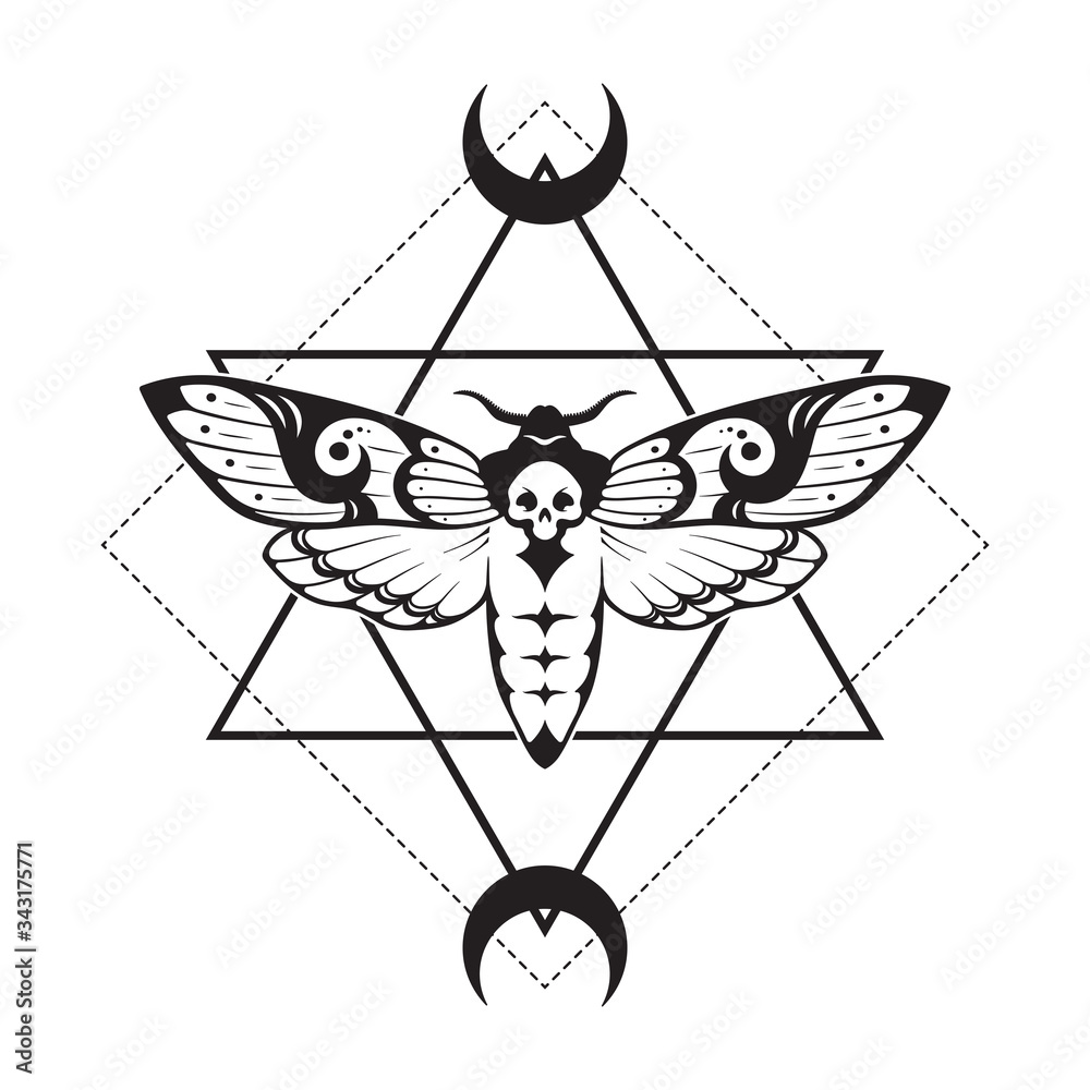Deaths head hawk moth and sacred geometry with moon phases hand drawn line art print or tattoo design vector illustration.