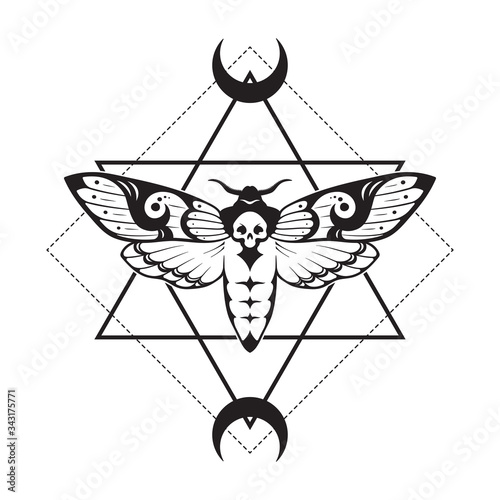 Deaths head hawk moth and sacred geometry with moon phases hand drawn line art print or tattoo design vector illustration.