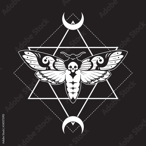 Deaths head hawk moth and sacred geometry with moon phases hand drawn line art print or tattoo design vector illustration.