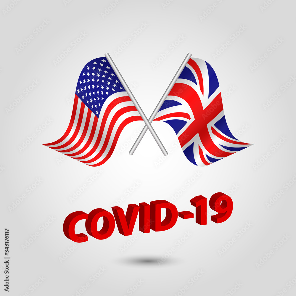 vector set two waving crossed flags of usa and uk on silver pole – american and british icon with red 3d text title coronavirus covid-19