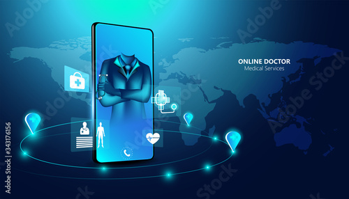 Abstract Online Doctor & Medical Services concept The current health care industry that has access to the internet And the online world Helping people gain access to treatment. Online.
