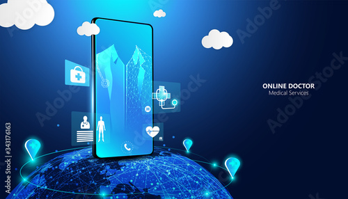 Abstract Online Doctor & Medical Services concept The current health care industry that has access to the internet And the online world Helping people gain access to treatment. Online.