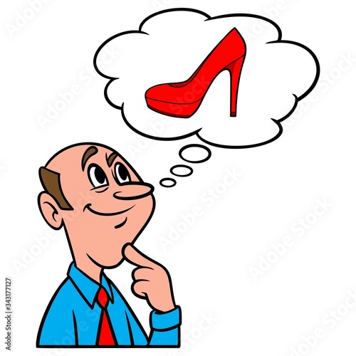 Thinking about High Heels - A cartoon illustration of a man thinking about ladies High Heels.