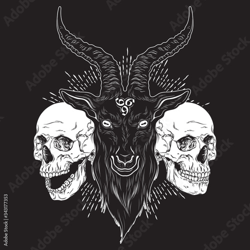 Baphomet demon goat head and human skulls hand drawn print or blackwork flash tattoo art design vector illustration.
