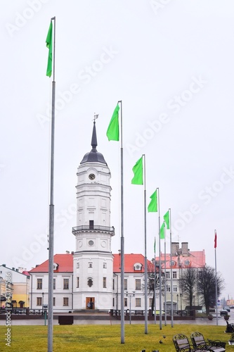 Mogilev, Belarus - March 2020. Beautiful old town in Mogilev city, Belarus. Town hall. 
Mogilev landmark, cultural heritage. City street with historical building.