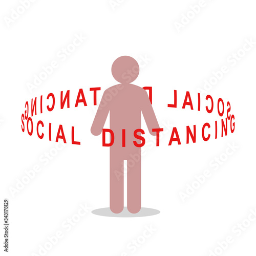 Social distancing concept with stick figure and text around him showing the correct and safe distance