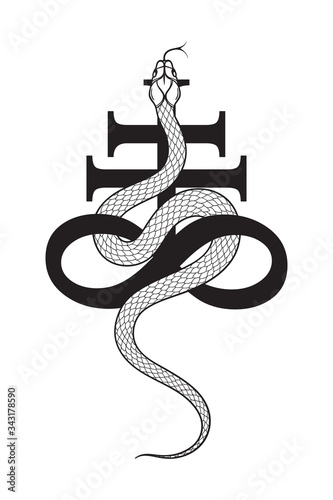 Serpent over the Leviathan Cross alchemical symbol of sulphur line art and dot work. Boho chic tattoo, poster, tapestry or altar veil print design vector illustration