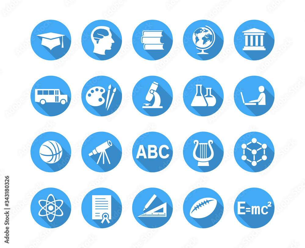 Education and school icons. Set of blue round buttons Education and school icons. Set of blue round buttons