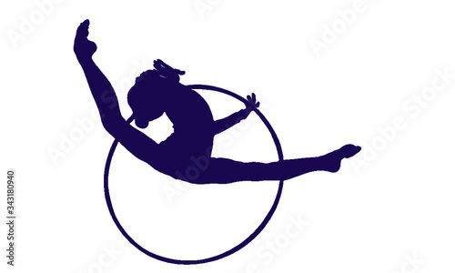 Silhouette of a gymnast who jumps with a purple hoop