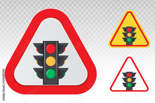 Warning sign - Stoplight / Traffic control light sign vector icon for apps and websites with signal red, yellow and green on a transparent background