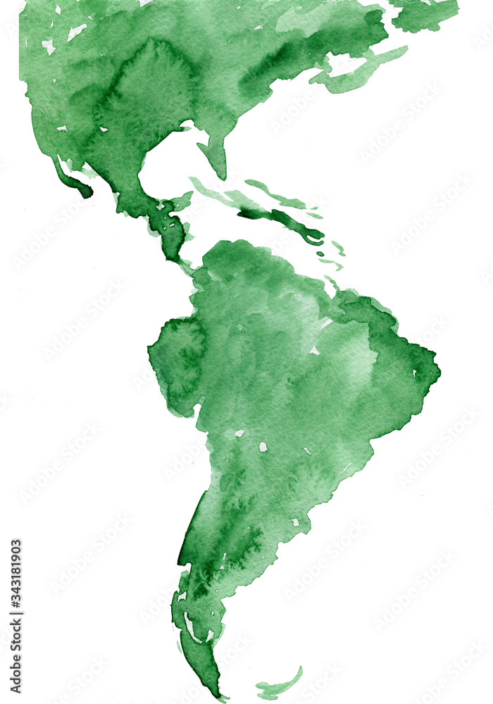 Abstract watercolor green map of south american continenent isolated on white background