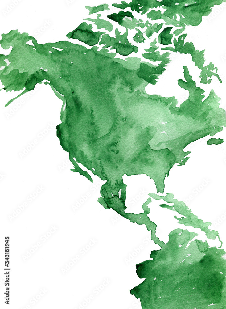 Abstract watercolor green map of north america isolated on white background