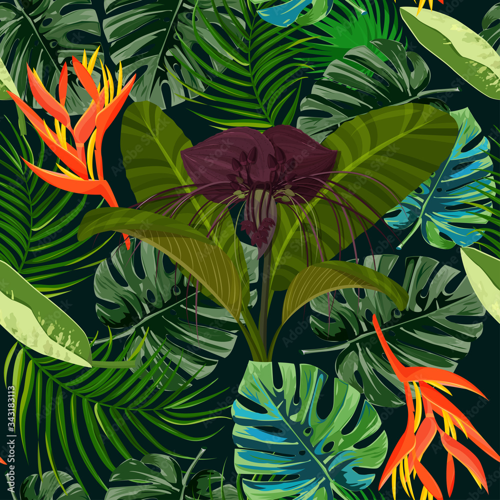 Dark purple Tacca flower and heliconia background. Tropical exotic plant seamless pattern. Dark purple Tacca flower and heliconia background. Tropical exotic plant seamless pattern.
