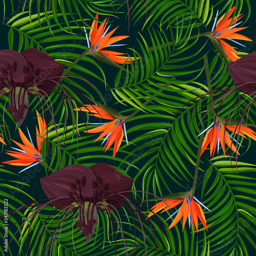Dark purple Tacca flower and strelizia background. Tropical exotic plant seamless pattern.