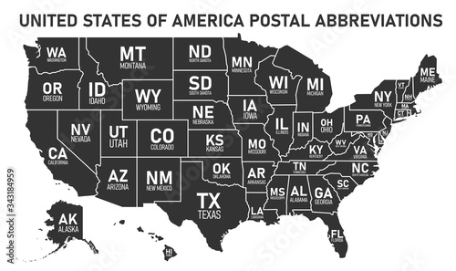 USA map with borders and abbreviations for US states. Black color states with white inscriptions. Flat style vector illustration isolated on white background.
