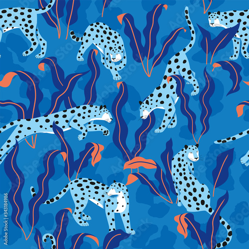 Vector seamless pattern with leopards and leaves on blue background.