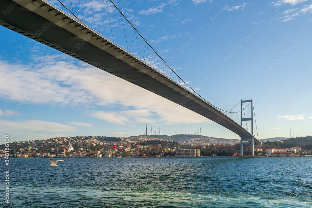 Bosporus Bridge in sunny day. Shot from Ortakoy district, Istanbul Turkey Bosporus Bridge in sunny day. Shot from Ortakoy district, Istanbul Turkey