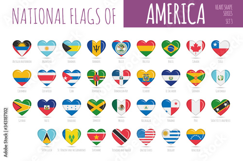 Set of 35 heart shaped flags of the countries of America. Icon set Vector Illustration.