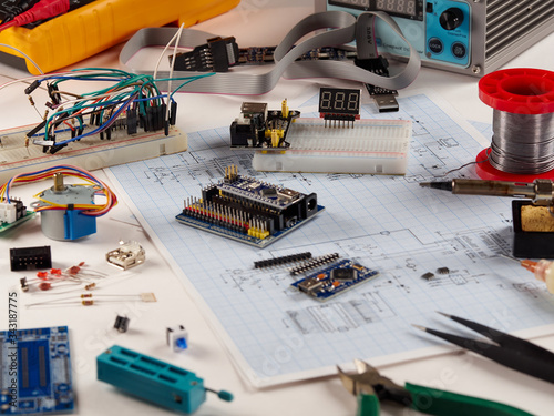 Electronics and microprocessor.Electronic DIY project Arduino.Drawing on a light background.Do it yourself.Programming and training.