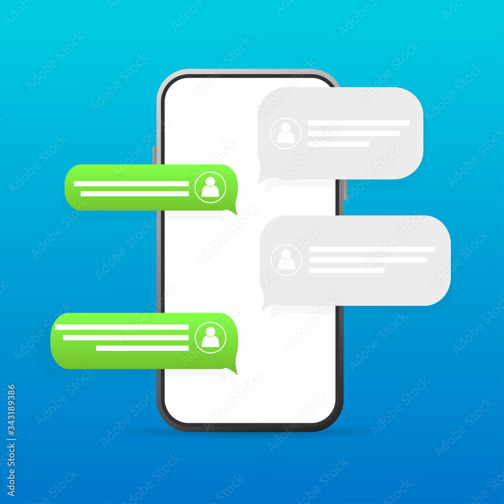 Flat green button on blue background. Talk bubble speech icon. Template chat, message. Template design. Flat vector illustration. Phone icon vector. Flat green button on blue background. Talk bubble speech icon. Template chat, message. Template design. Flat vector illustration. Phone icon vector.