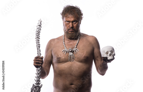 caveman shaman on a white background