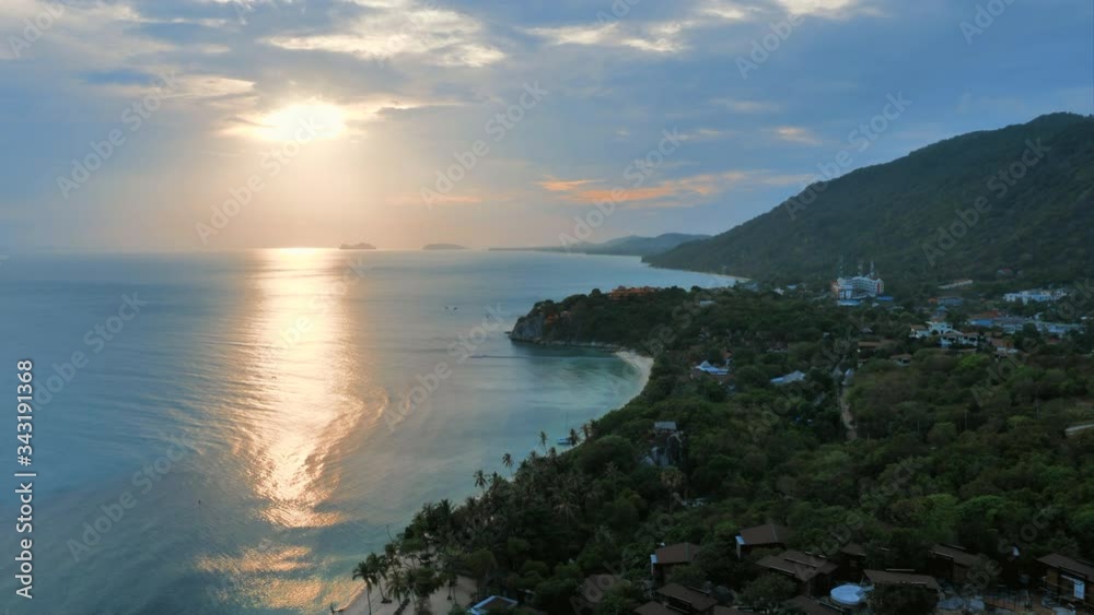 Tropical  landscape in sunset time,  island koh Phangan in Thailand, view from distant view point