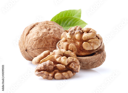 Walnuts with leaves in closeup