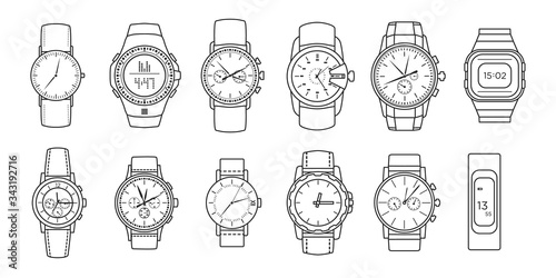 Watch wrist vector outline set icon. Isolated outline set icon wristwatch. Vector illustration clock on white background .