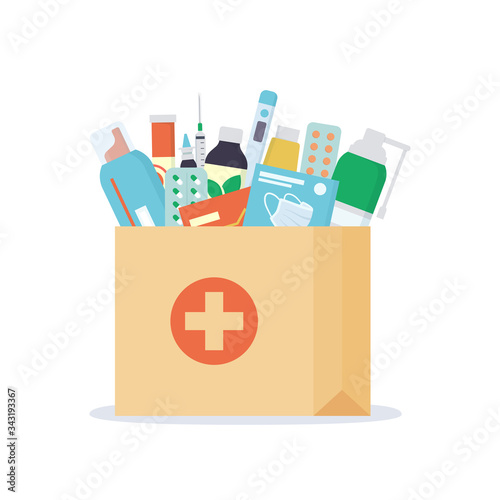 Paper bag with medicines, drugs, pills and bottles inside. Home delivery pharmacy service. Vector illustration in flat style on white background