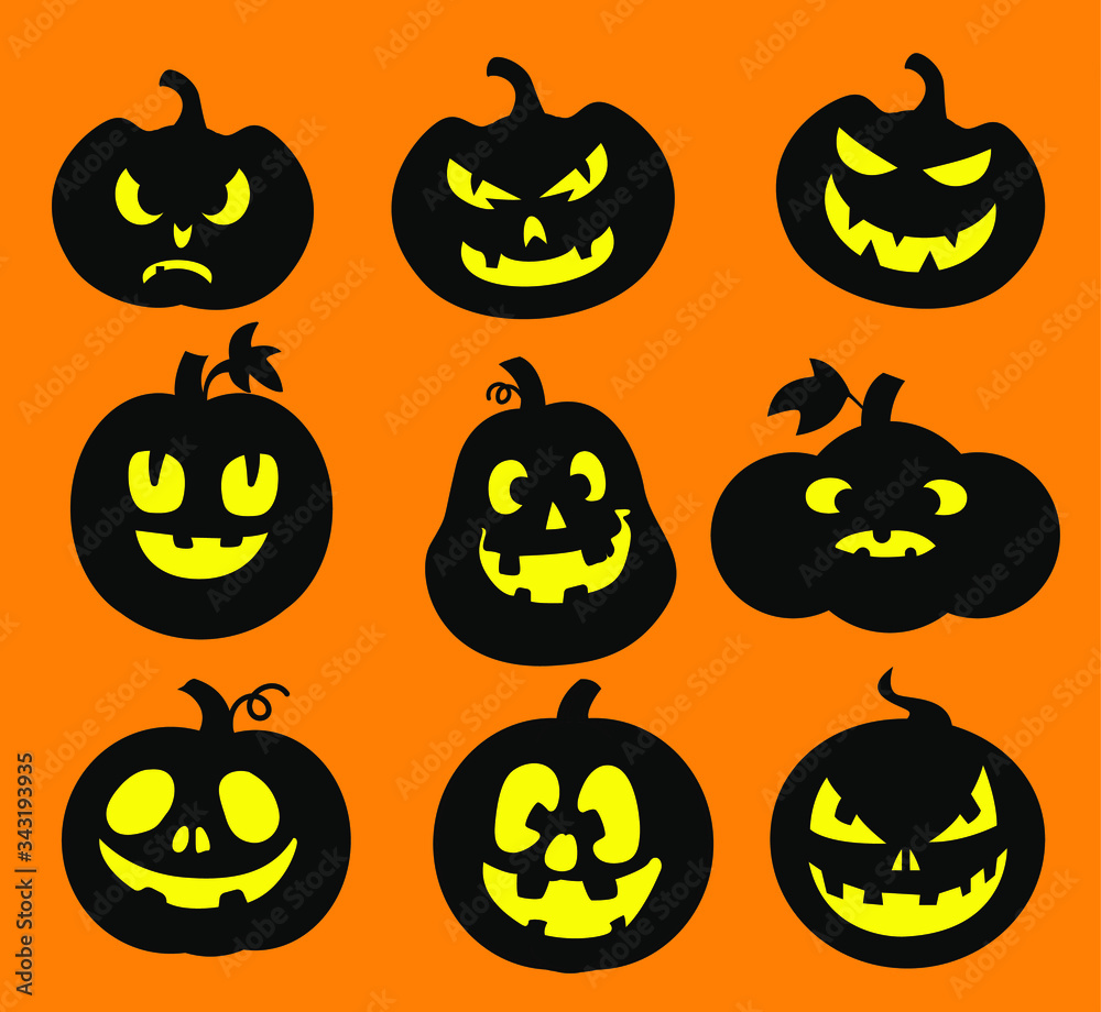 Set of funny, scary and evil pumpkins.Halloween celebration set.
