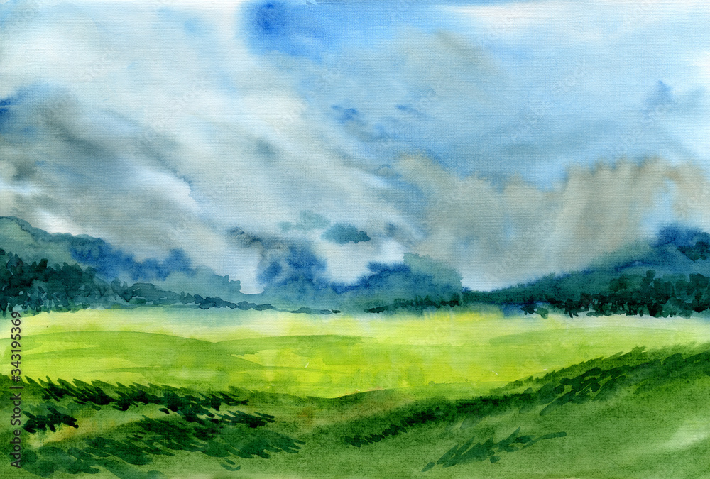 Watercolor landscape. Meadow and, forest and mountains on the horizon.