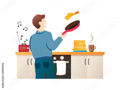 Man baking pancakes vector cartoon character. Guy making dinner isolated on white. Male chef cooking in kitchen vector illustration in flat style. Stay home hobbies