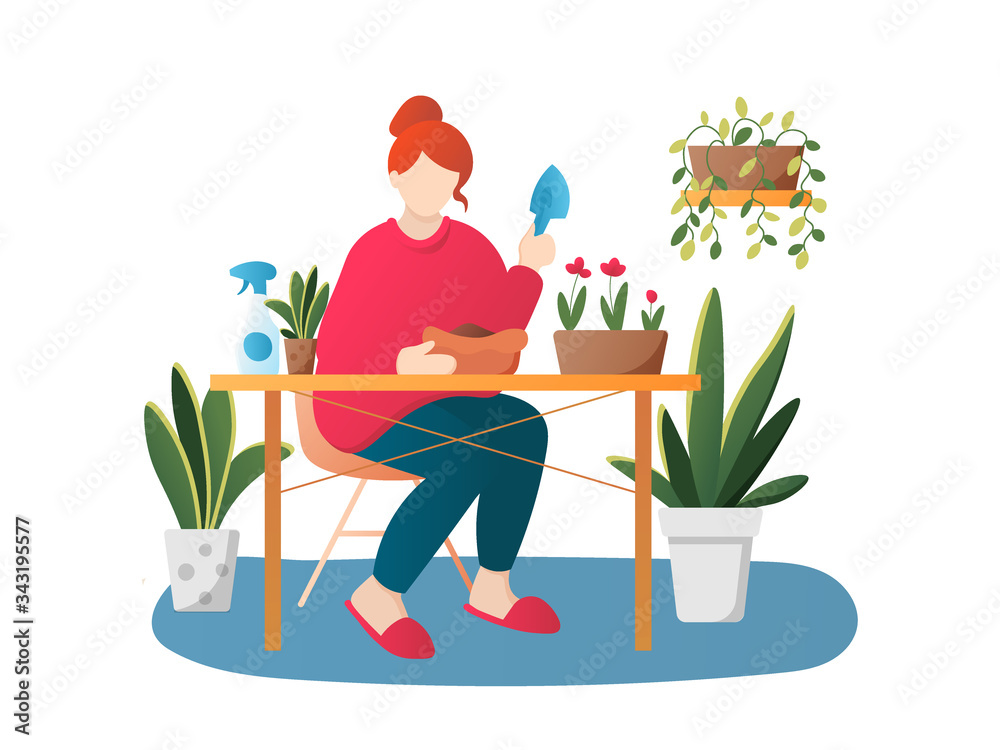 Fototapeta premium Woman planting flowers vector cartoon character. Girl with houseplants isolated on white. Female florist gardening vector illustration in flat style. Stay home activity