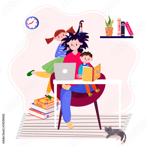 Stay home and working online during quarantine. Tired mother with kids has distant job. Freelancer with laptop in her workplace. Concept of stressful situation for woman with children and work.