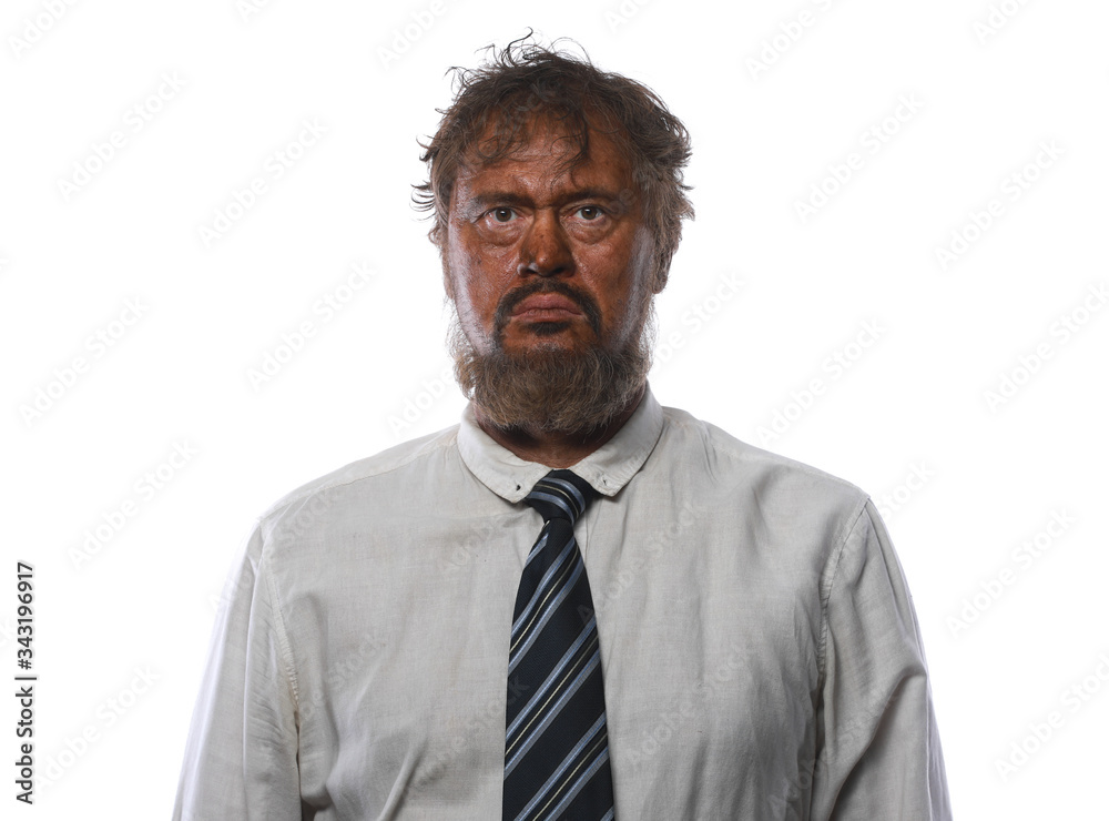 portrait of a dirty loser businessman on a white background portrait of a dirty loser businessman on a white background
