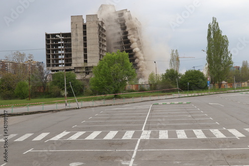 Billede på lærred Sofia, Bulgaria - April 24, 2020: A 17-storey building from the 1980s, an unfinished Communist-era building was demolished in central Sofia, Bulgaria