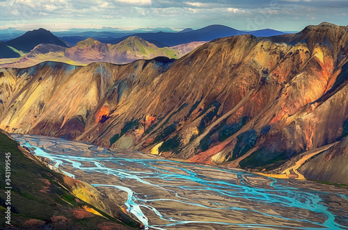 Landscape view of Landmannalaugar colorful volcanic mountains and river, Iceland photo