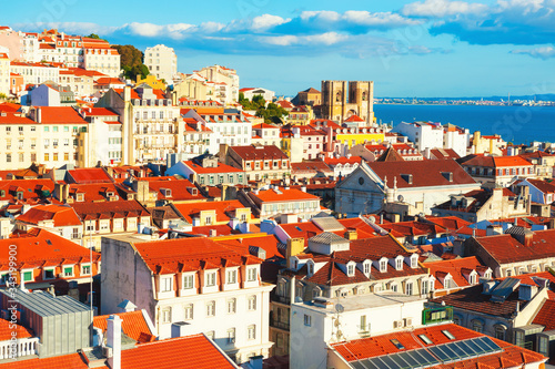 Old architecture with red roofs in Lisbon, Portugal. Famous travel destination