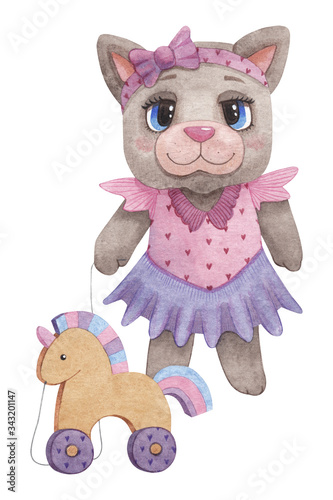 Grey kitty in a pink dress with a wooden unicorn on a string on a white background. Cute cartoon watercolor illustration with a cat. Children's illustration.