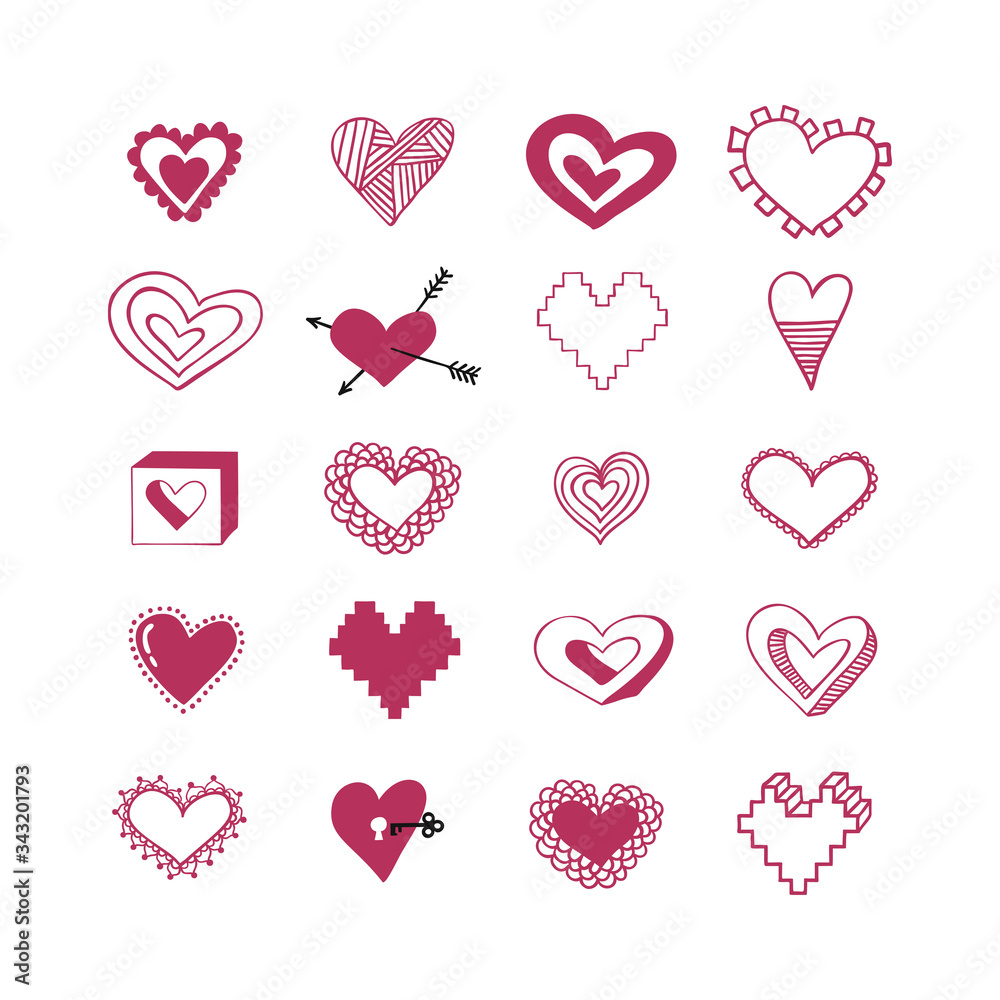 Set of hand drawn hearts. Doodle style. Design element for St. Valentine Day, wedding, romantic event.