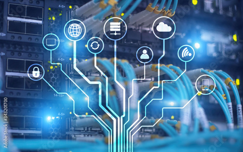 Server Room ICT information communication technology wireless internet connection big data processing center. IOT internet of things.