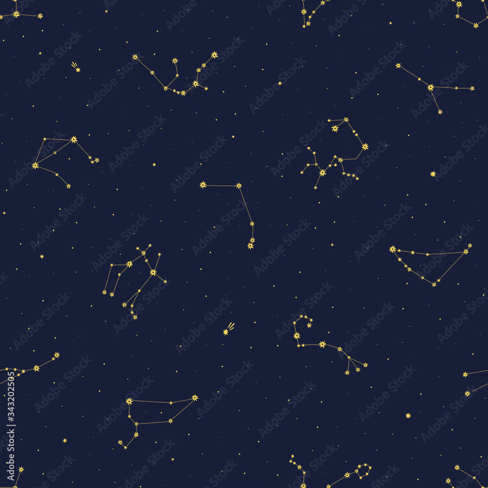 Naklejka premium Seamless vector pattern with gold zodiacal constellations on blue background. Zodiac signs. Space background.