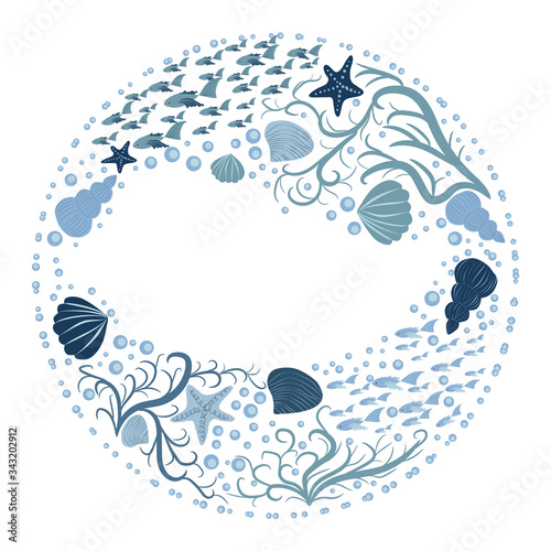 Frame on the marine theme with hand-drawn sea creatures border.
