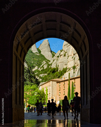 Entrance to the Montserrat Monastery with the mountain view in the background.