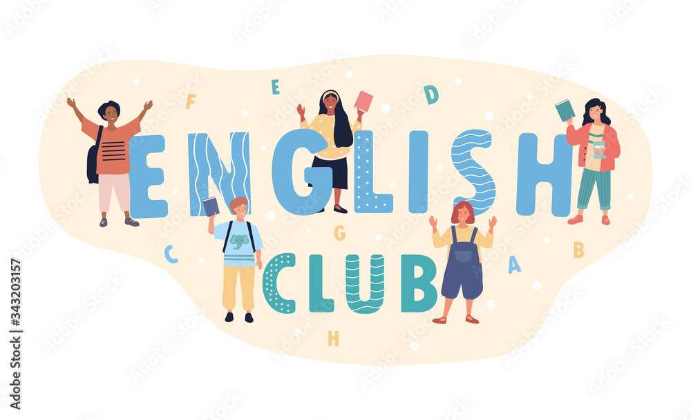 English Club poster design in a panorama banner with blue text and five diverse happy students cheering, colored vector illustration with copy space