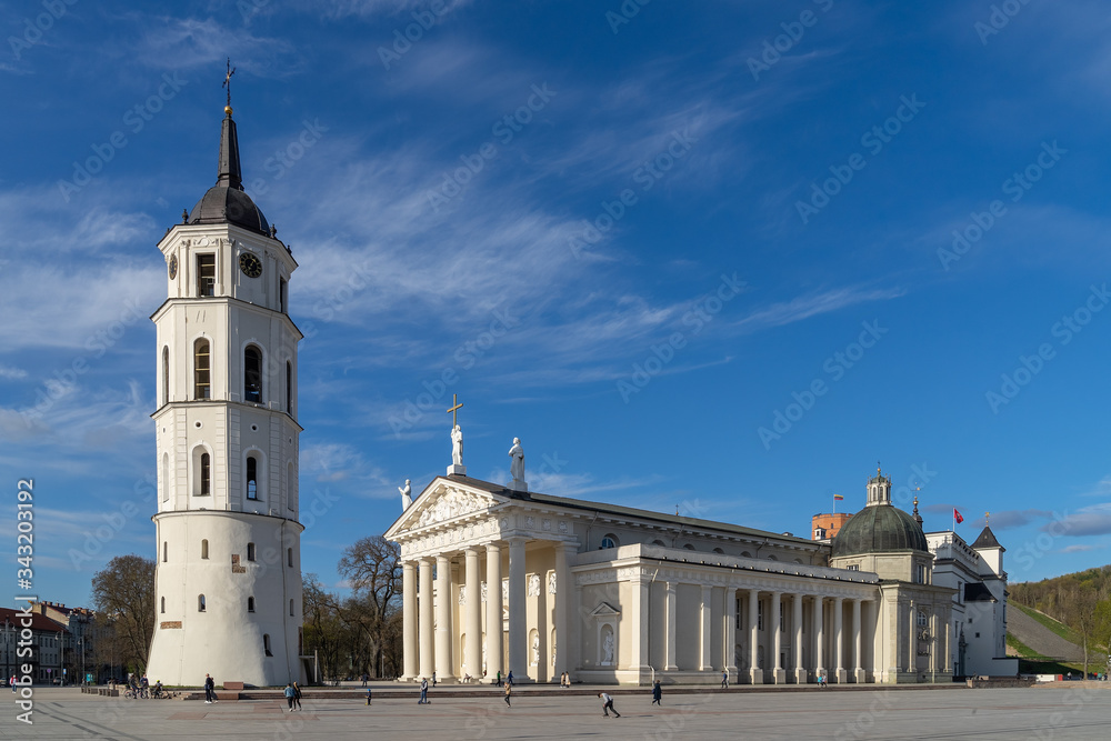 The main church and the most important square in Lithuania - in the state capital Vilnius: the Cathedral Basilica of St Stanislaus and St Ladislaus with the belfry in the Cathedral Square in evening